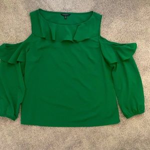 Green silk peakaboo shoulder blouse